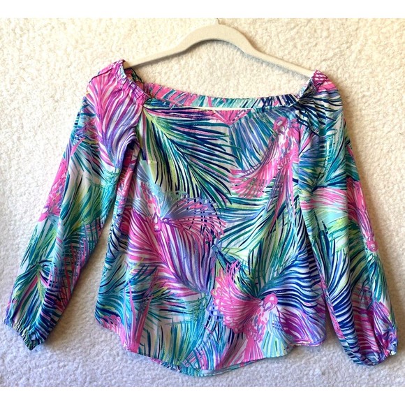 Lilly Pulitzer Adira in Multi Scarlet Off Shoulder Silk Top Blouse Size XXS - Picture 2 of 11